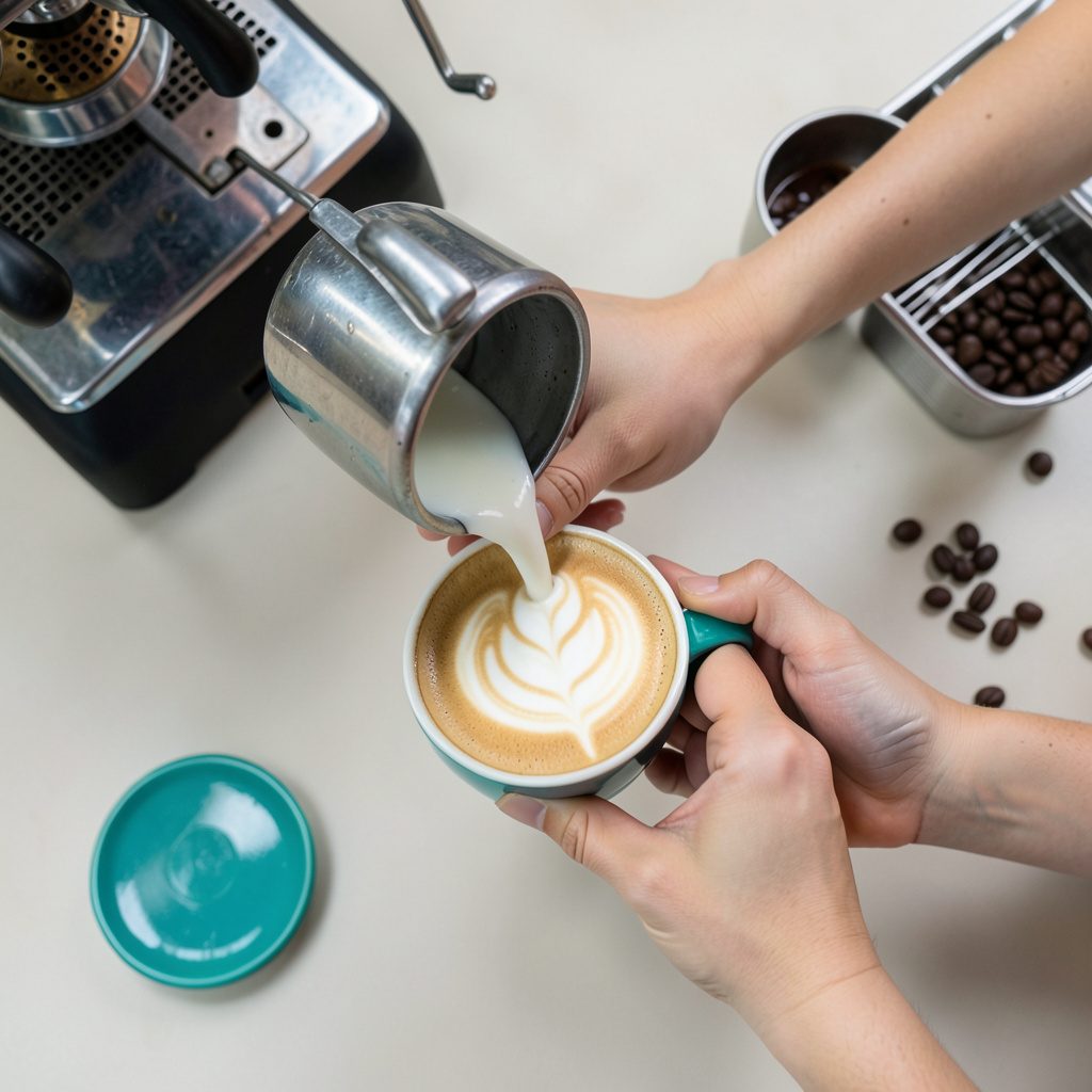 A barista's hands pouring steamed milk into a ceramic cup, creating latte art, with an espresso machine and coffee beans visible in the background.