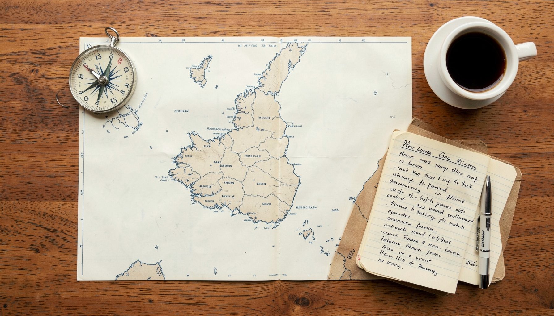 Overhead flat-lay photograph of a map of New Zealand spread across a wooden table, surrounded by a compass, a notebook with handwritten notes, a pen, and a cup of coffee. Warm wood tones, cream paper, and muted navy map details.