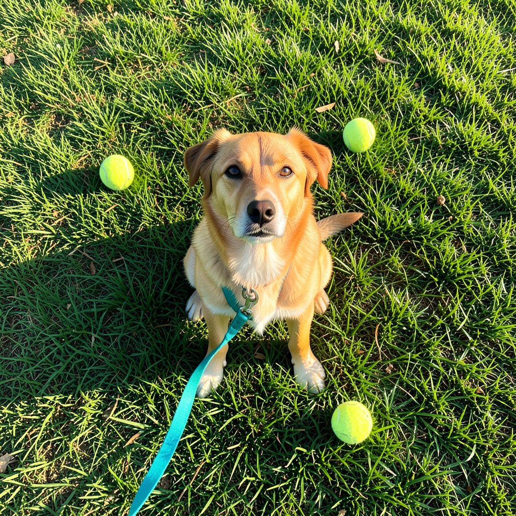 A dog sitting on a grassy lawn looking at the camera, with a leash and a tennis ball nearby, warm afternoon sunlight.
