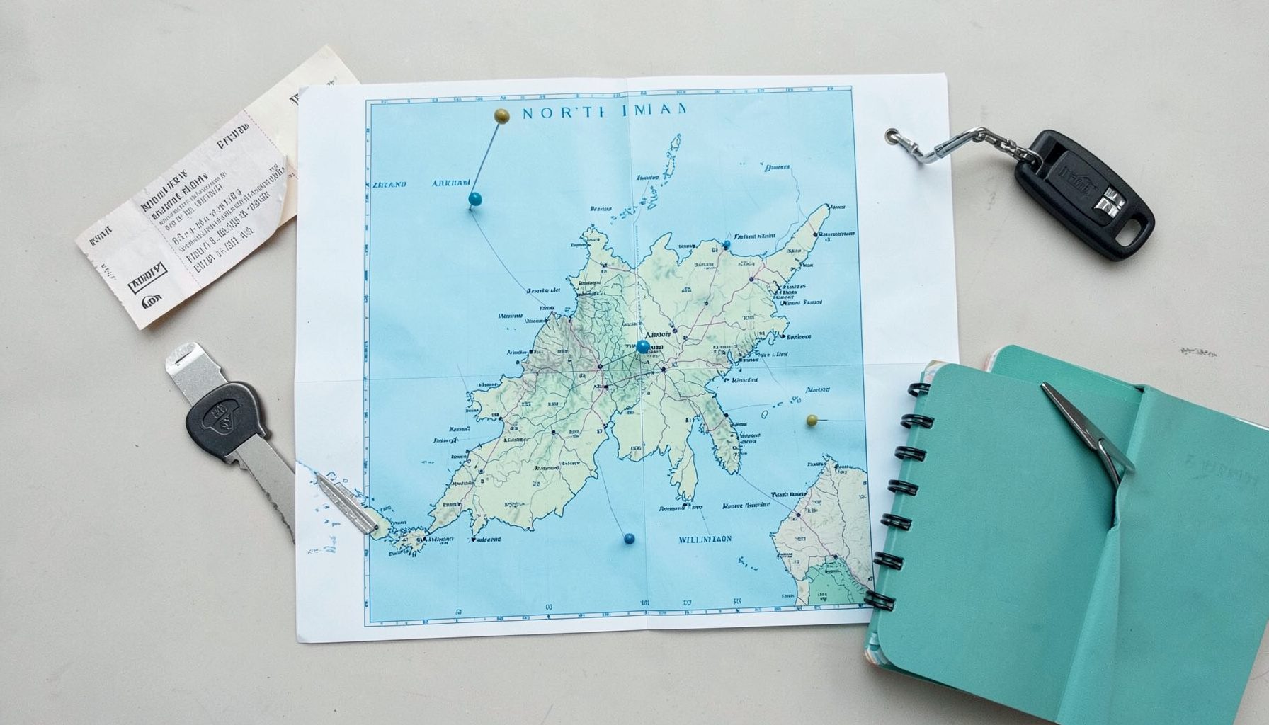 Overhead flat-lay photograph of a topographic map of New Zealand's North Island, with Auckland and Wellington marked by small pins, surrounded by travel ephemera — a boarding pass, a car rental key, and a notebook.