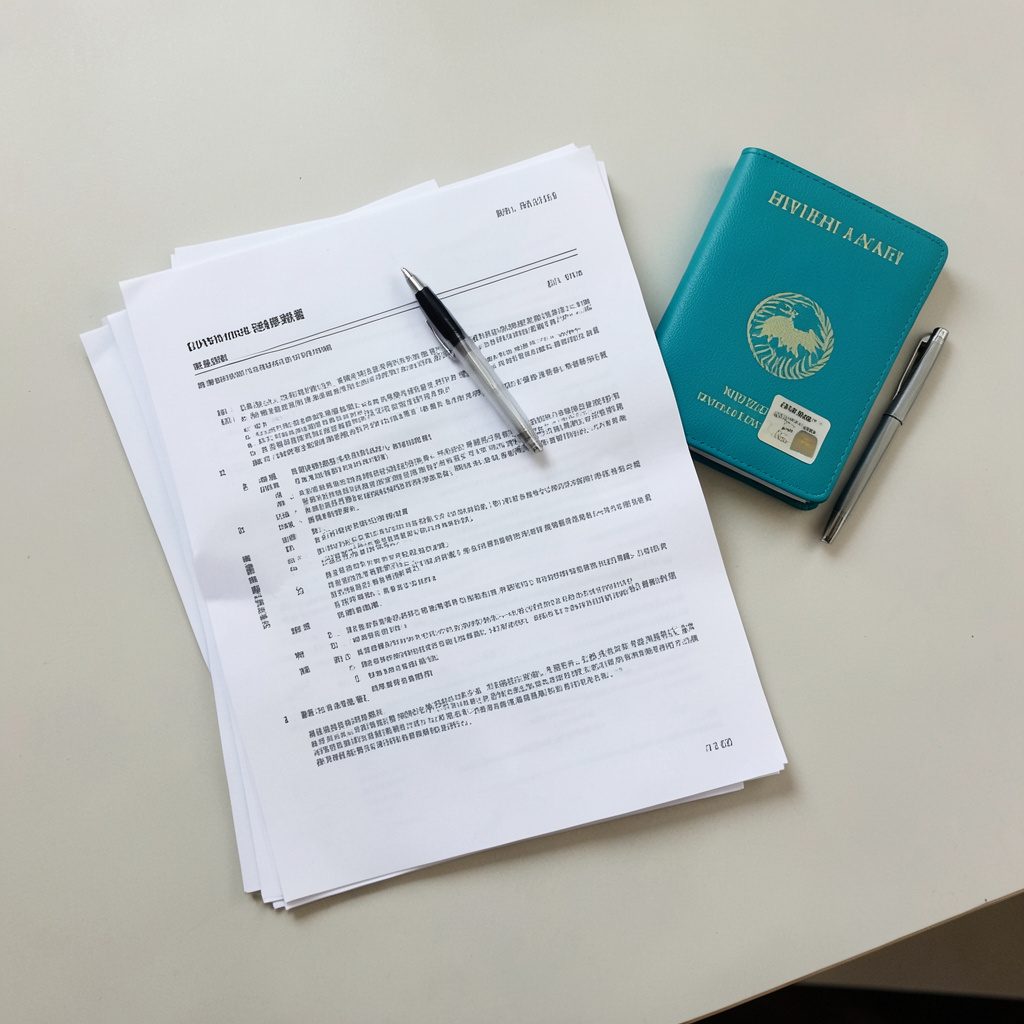 A stack of official-looking forms and documents on a desk, with a pen resting on top, beside a passport with a New Zealand visa sticker visible.