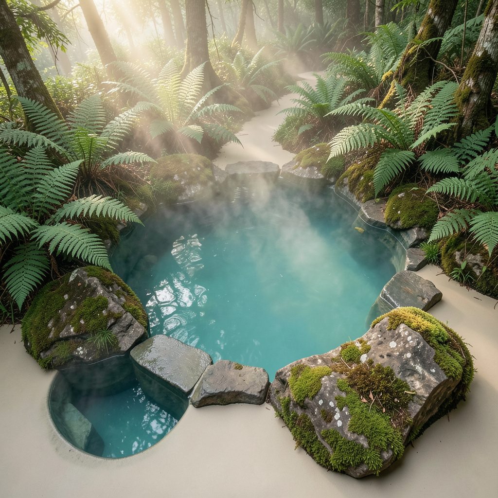 Close-up of a steaming natural hot spring pool surrounded by native ferns and moss-covered rocks, with soft morning light filtering through trees.